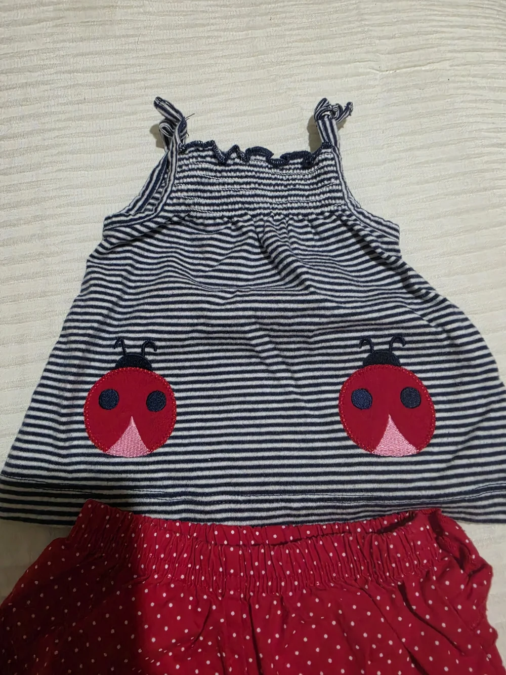 Striped Navy & White Tank with Red Ladybug Pockets Red Polka Dot Shorts Size NB
